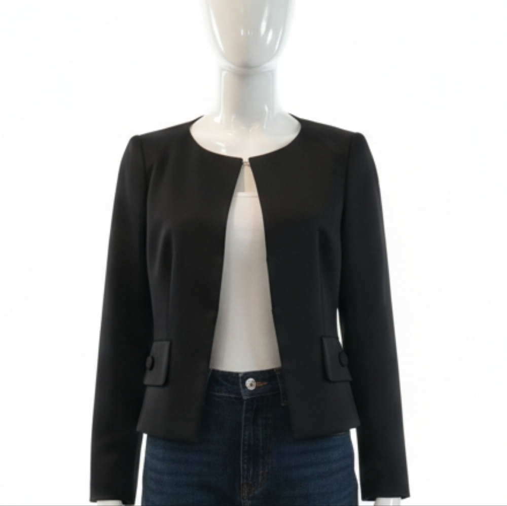 Laurel by Escada Women's Black Satin finish Minimalist Collarless Blazer Sz 6